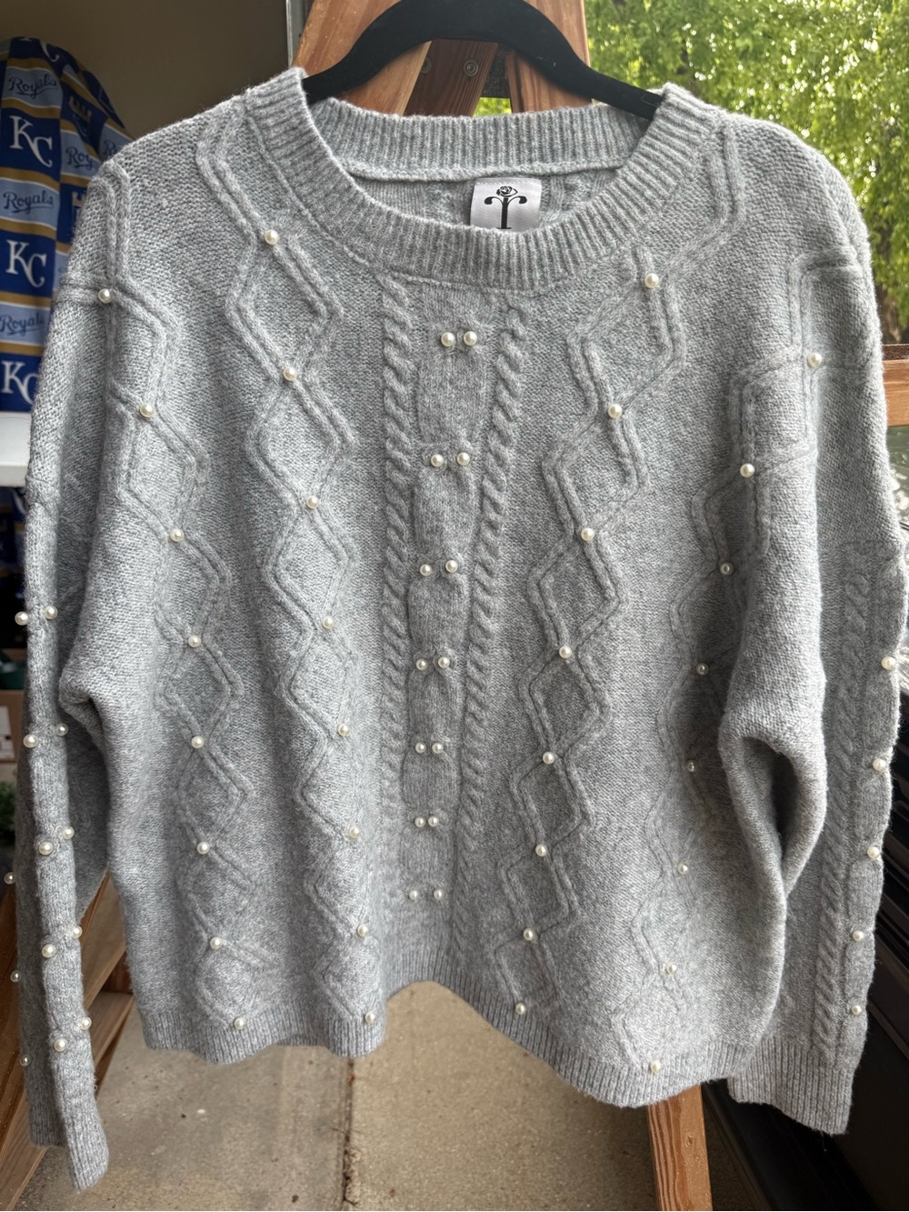Women's Light Gray Pearl-Embellished Cable Knit Sweater